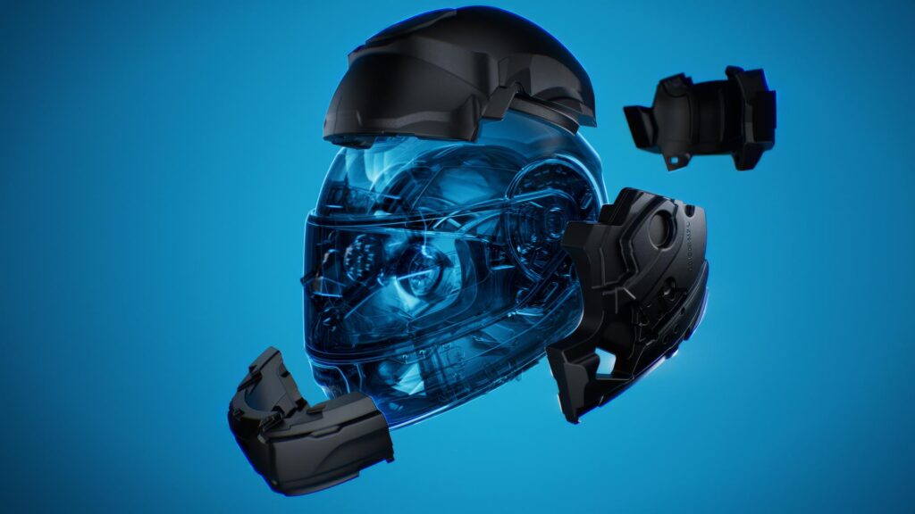 Cutaway view of the Cardo BEYOND helmet interior showing the 53mm speakers and Active Noise Cancellation tech.